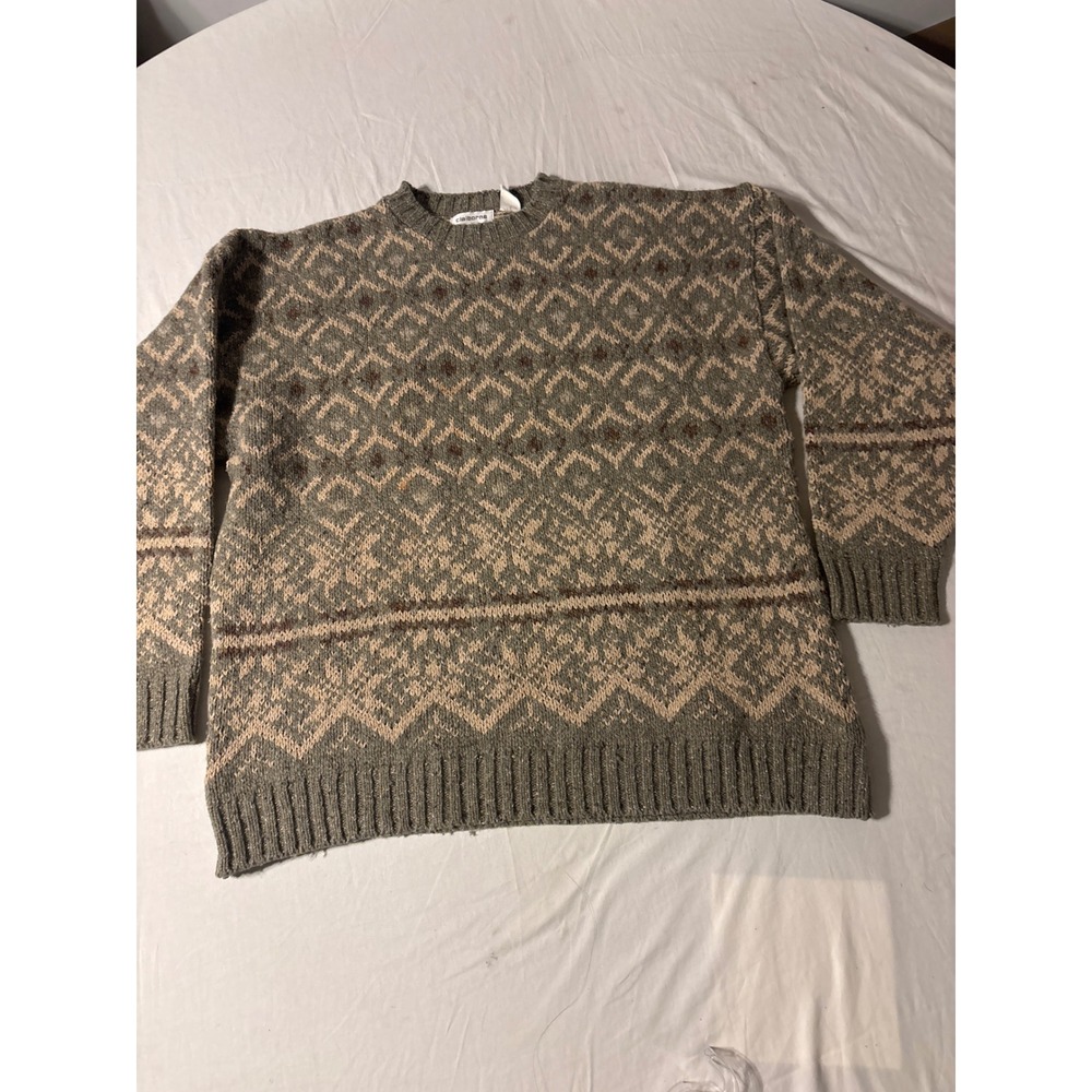 Vtg Claiborne Fair Isle Sweater Mens XL Grey Tan Nordic Geometric Knit Excellent